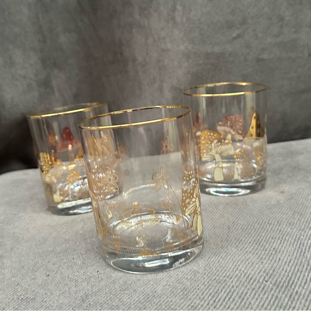 3 vintage gold mushroom lowball glasses bar retro 70s style